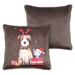 Coussin Noël Carré (40 Cm) Joyeux Marron Chocolat -Village de Noel coussin 40 cm joyeux marron chocolat 110258 1633353341
