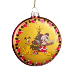 Disque En Verre Pluto Et Mickey De Noël à Suspendre Jaune