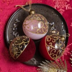 Lot De 12 Boules De Noël (D80 Mm) En Verre Arabesque Rouge
