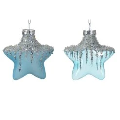 Lot De 2 étoiles De Noël à Suspendre En Verre Arctique Bleu Pétillant