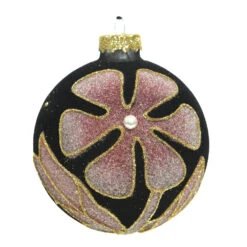 Lot De 3 Boules De Noël En Verre (D80 Mm) Verona Noir -Village de Noel lot de 3 boule vr flock a fleur luxe r nbase flock r na pois paill or r na sisp ruban velours noir dia8cm noir 70811 1