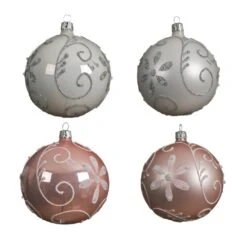 Lot De 4 Boules De Noël En Verre (D100 Mm) Floris Blanc/ Rose