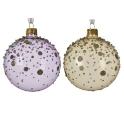 Lot De 6 Boules De Noël En Verre (D80 Mm) Pois Pailletés Champagne/ Mauve