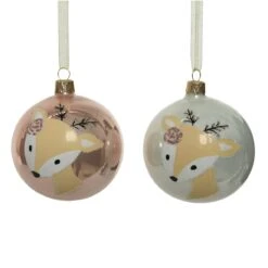 Lot De 6 Boules De Noël En Verre (D80 Mm) Tête De Cerf Rose Poudré