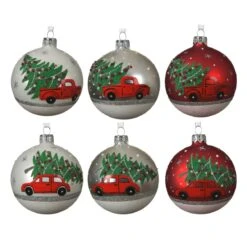 Lot De 6 Boules De Noël En Verre (D80 Mm) Voiture Sapin Rouge