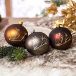 Lot De 6 Boules De Noël En Verre (D80 Mm) Hibou Vert Mousse