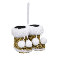Paire De Bottes De Noël à Suspendre Pompons Or